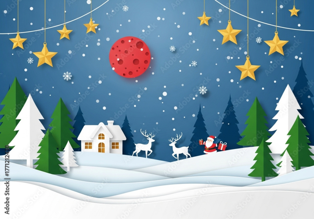 Naklejka premium Merry Christmas and Happy New Year greeting card in a paper cut style. Vector illustration of a winter landscape with Santa Claus and his reindeer flying over a snowy village at night. 