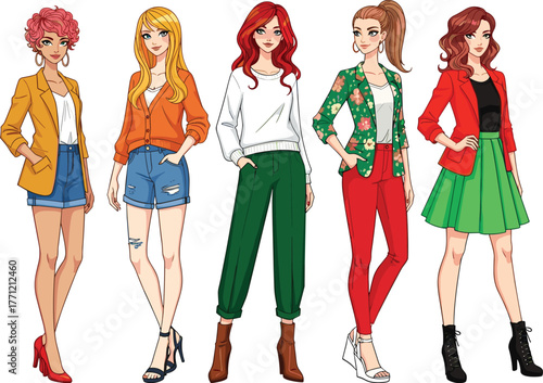 Stylish women, fashion diversity, blazer outfit, shorts style, jogger pants, floral jacket, skirt look, vector art, trendy clothing, character design