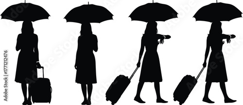Silhouette traveler, umbrella pose, suitcase motion, walking sequence, travel action, airport vibe, journey concept, rainy day, modern commute, vector art