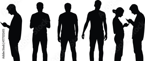 Silhouette people, mobile usage, digital behavior, smartphone posture, modern communication, tech habits, vector art, social interaction, minimal design, lifestyle concept