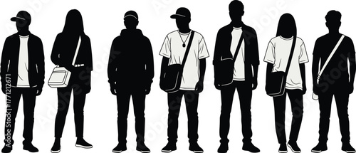 Silhouette fashion, casual outfit, hoodie and jacket, shoulder bag, crossbody style, vector art, urban look, lifestyle pose, clothing diversity, character design