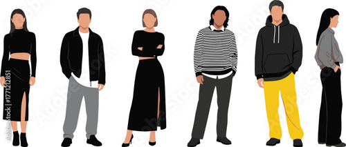 Modern fashion, casual outfits, black clothing, streetwear style, character design, trendy look, vector art, lifestyle pose, fashion diversity, outfit lineup