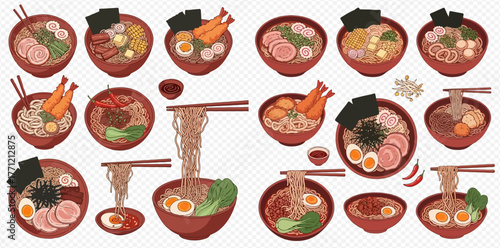 A collection of ramen bowls with various toppings and ingredients.