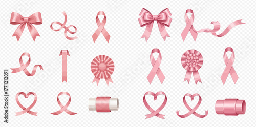 Collection of pink ribbons and bows, representing breast cancer awareness, on a transparent background.