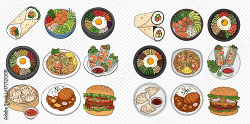 An illustration of various international food dishes, including sushi burritos, bibimbap, and dumplings.