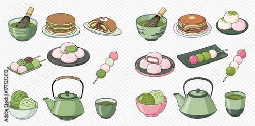 A collection of Japanese sweets and tea, including matcha, mochi, and dango, arranged in a decorative display.