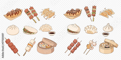 Illustration of various Asian street foods, including dumplings, skewers, and buns.