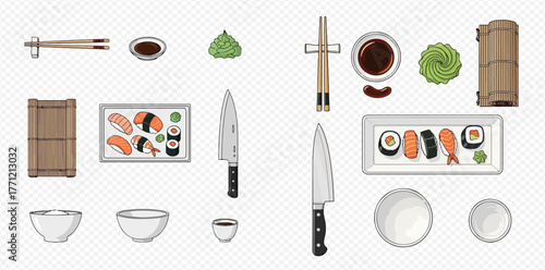 Sushi preparation: ingredients and tools for making sushi.
