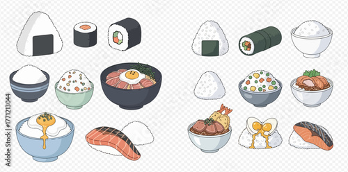 Illustration of various Japanese food items including sushi, onigiri, and rice bowls.