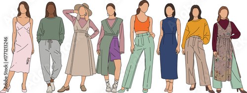 Fashion diversity, stylish people, modern outfits, casual wear, semi-formal look, trendy clothing, unique poses, fashion illustration, colorful attire, vector art