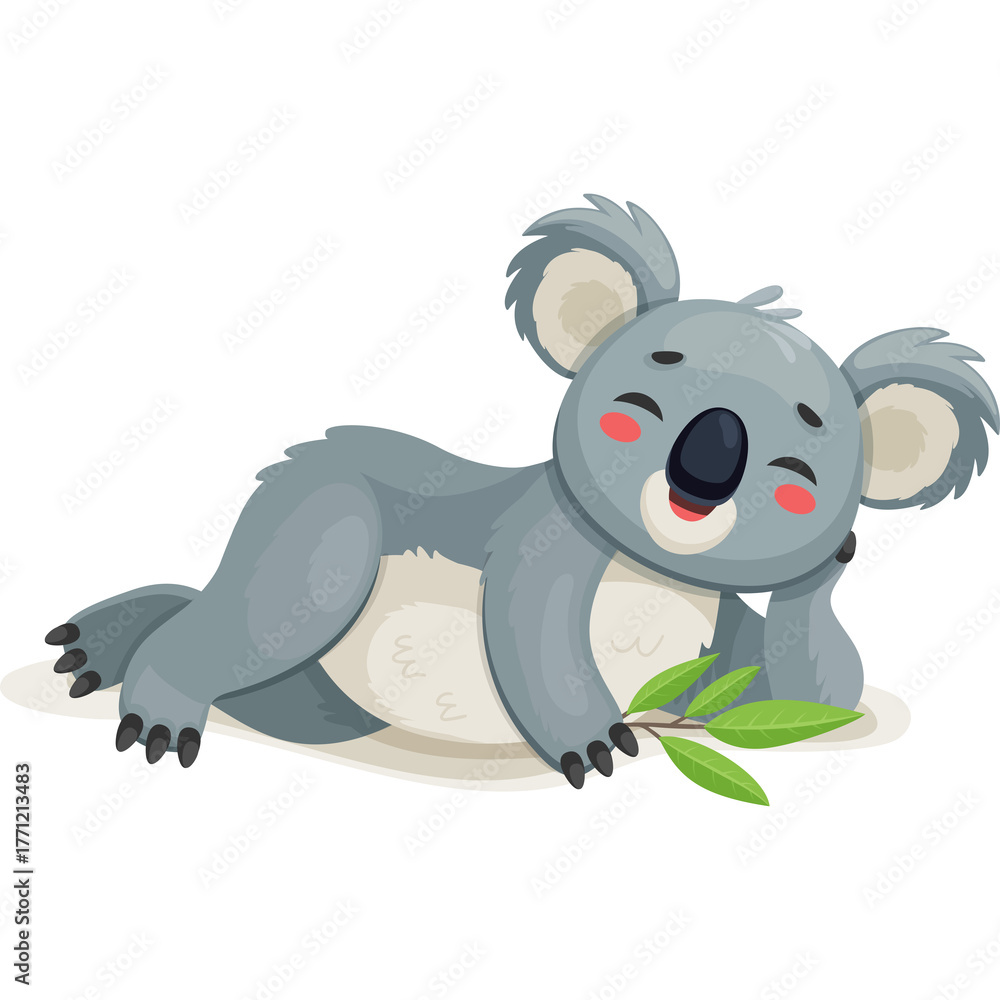 Obraz premium Cute Cartoon Koala Lying Down with Eucalyptus Leaves on Transparent Background Adorable Australian Wildlife Illustration Gentle Sleepy 