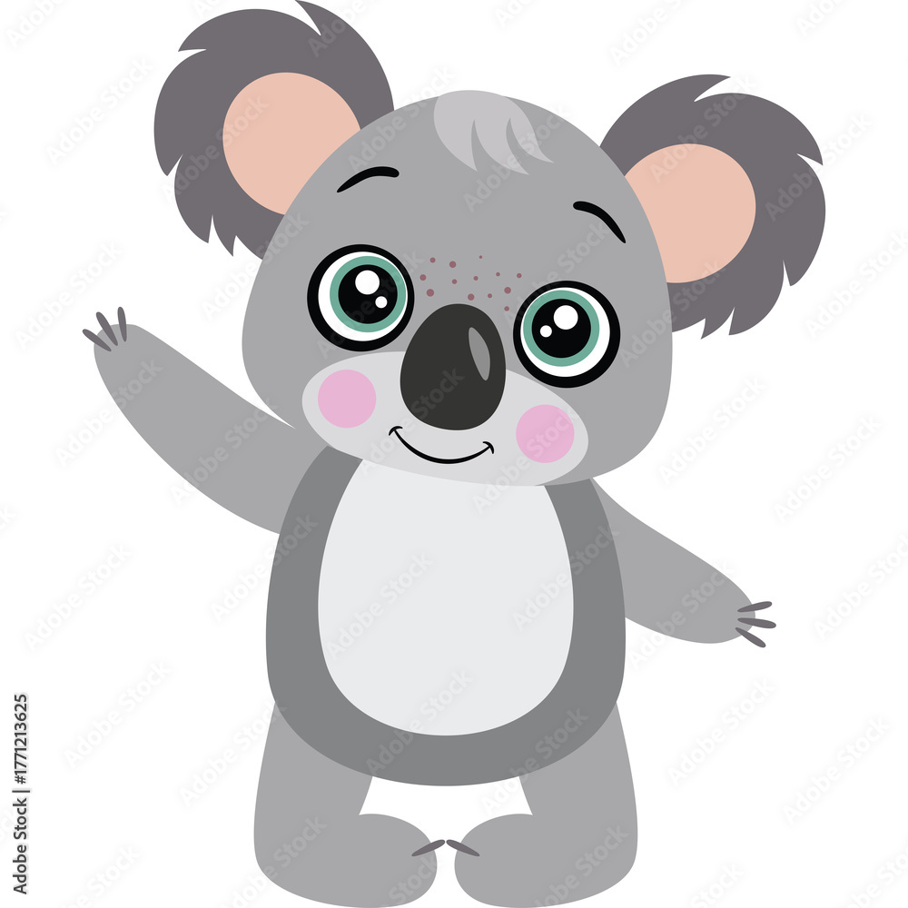 Naklejka premium Cute Cartoon Koala Waving Hello With Big Green Eyes And Pink Cheeks On A Transparent Background