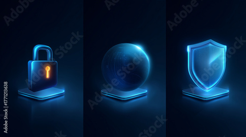 Minimal futuristic glowing lock, globe, and shield icons, symbolizing cybersecurity, encryption, and safe digital technology.
