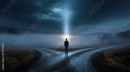 The silhouette of a man standing at a mysterious crossroads under a beam of light on a foggy night, symbolizing choice, destiny, and uncertainty.