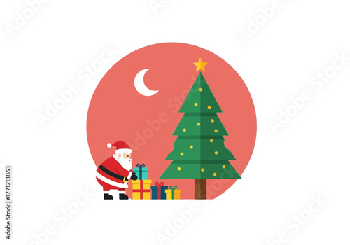 Flat minimalist vector illustration of Santa putting presents under the tree, Christmas eve theme.