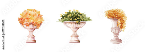 Set of Marble flower pot antique style garden watercolor vector design