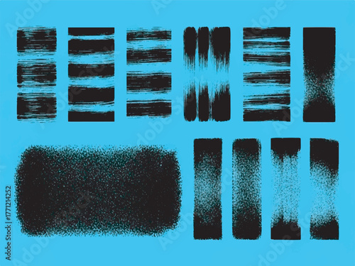 Black distressed grunge spray paint textures and rough brush strokes vector set for graphic design