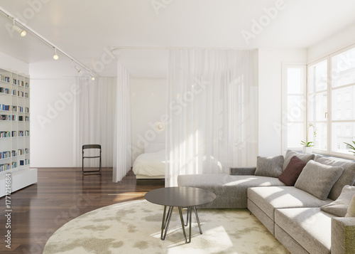 Open plan living room and bedroom in a modern white apartment. 3D render
