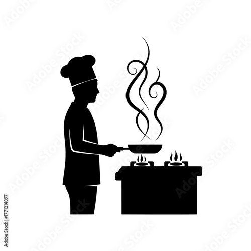 Silhouette of a chef in a tall hat cooking with a pan on a stove with steam rising