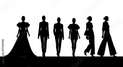 Diverse group of fashion models showcasing elegant silhouettes and stylish outfits on a white background