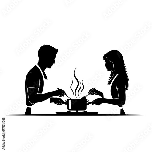 Silhouette of a couple cooking together in the kitchen preparing a meal with steam rising from a pot