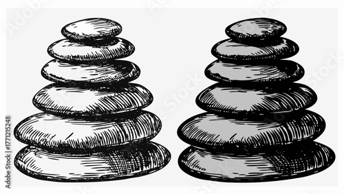Hand sketched zen stone towers for balance and tranquility, mindful meditation practice concept