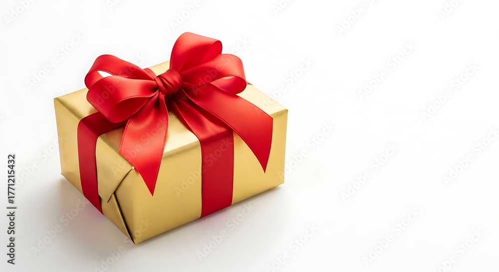 Fototapeta premium Golden Gift with Red Ribbon: A beautifully wrapped gift, encased in elegant gold paper and adorned with a vibrant red ribbon, signifies joy and celebration