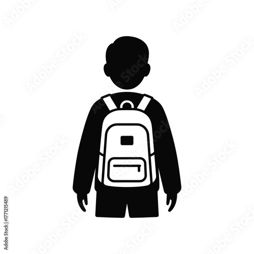 Silhouette of child with backpack viewed from behind, vector illustration of school student wearing casual clothes on white background