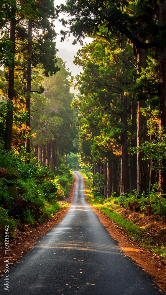 Obraz premium A narrow asphalt road winding between tall, sun-dappled trees