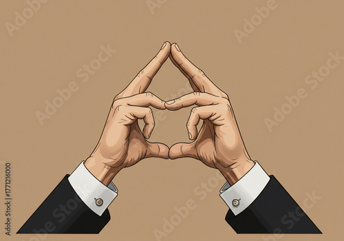 Two hands in suit sleeves forming a triangular shape, creating a pyramid-like gesture against a neutral background.