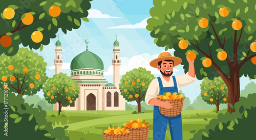 Agricultural harvest season with orange orchard near mosque in scenic landscape