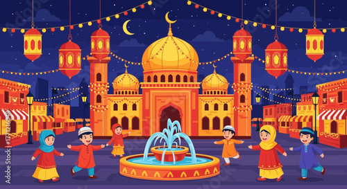 Festive Ramadan night scene with joyful children playing near a majestic mosque