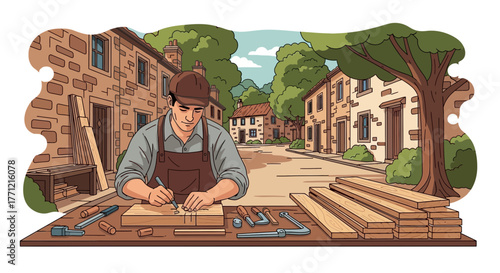 Artisan Craftsman Woodworking in Scenic Village Constructing Bespoke Carpentry