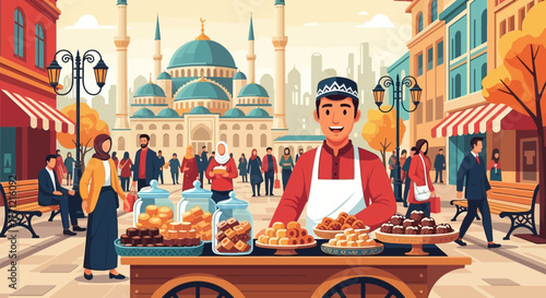 Vibrant Middle Eastern Street Scene with a Smiling Vendor Selling Traditional Sweets