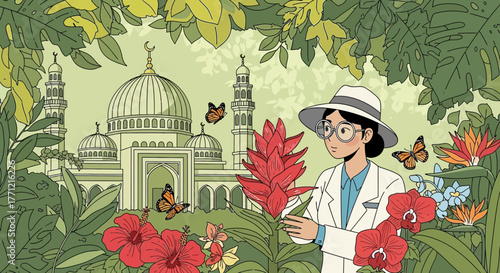 Botanical Illustration: A Woman's Exploration of Nature Near a Mosque
