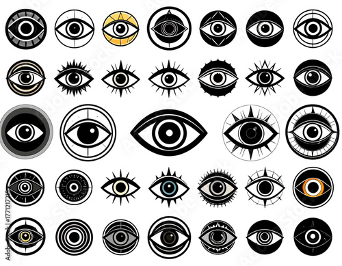 A collection of diverse stylized eye symbols, including all-seeing eyes and eyes of providence, depicted in various circular and decorative forms, often with mystical or spiritual connotations.