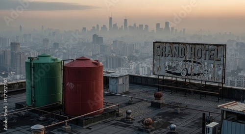 Urban rooftop vista showcasing vintage advertising amidst a hazy cityscape scenery