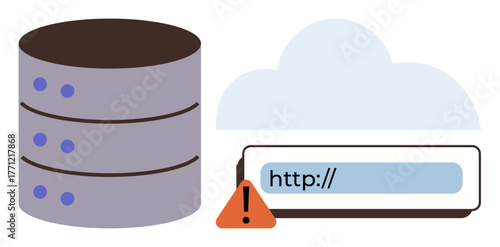 Database server, cloud hosting, URL bar with error alert illustrating data access issues. Ideal for hosting, cybersecurity, data management, IT risks, internet outages, online servers network error