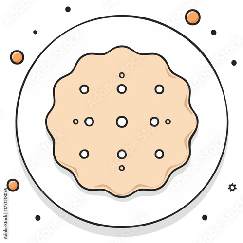 Simple round cracker on a plate top view vector line art illustration