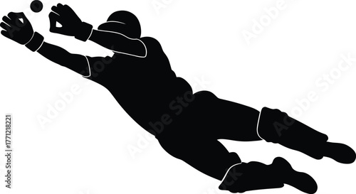 Silhouette of a baseball catcher diving to catch a ball