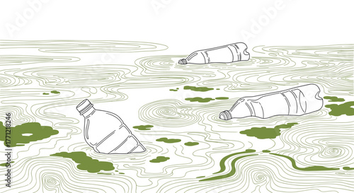 Plastic bottles floating on water with green algae illustration  