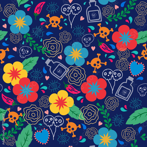 Minimalist seamless pattern Day of the Dead festival skulls and flowers on dark blue background repeating design. Textiles, banners, wallpapers, prints, wrapping design.