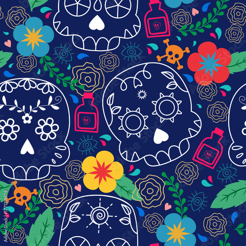 Seamless skull and flower pattern with colorful flowers and leaves and cute graphics for celebrating Day of the Dead.