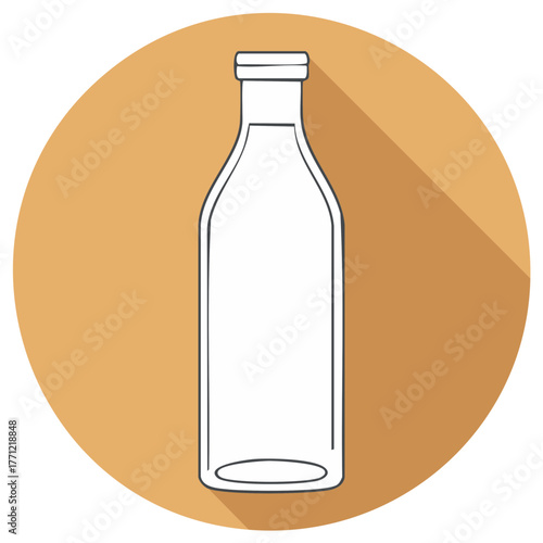 Hand drawn contour of vintage clear glass bottle with long shadow on tan circle background for milk or beverages