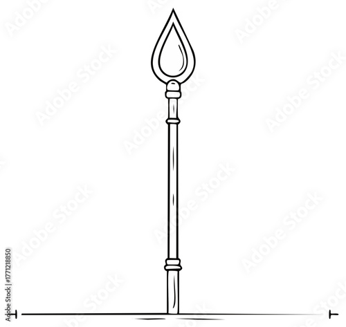 Stylized depiction of a spear with a tear-drop shaped head and ornate shaft.