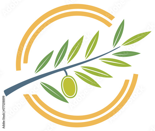 Stylized olive branch with single olive fruit inside a partial circular frame, representing agriculture and nature
