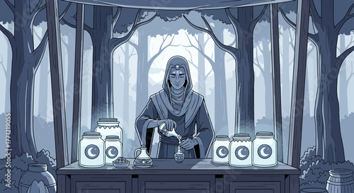 Enchanting forest apothecary: Mystical figure concocting potions under canopy