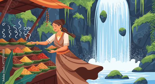 Traditional spice market scene with woman vendor and beautiful waterfall backdrop