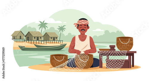 Serene illustration of a fisherman mending his net on a peaceful tropical shore