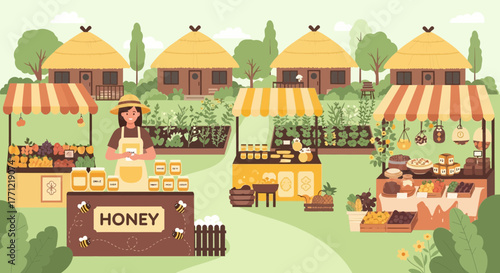 Illustrative country market scene with local produce and handmade goods on sale